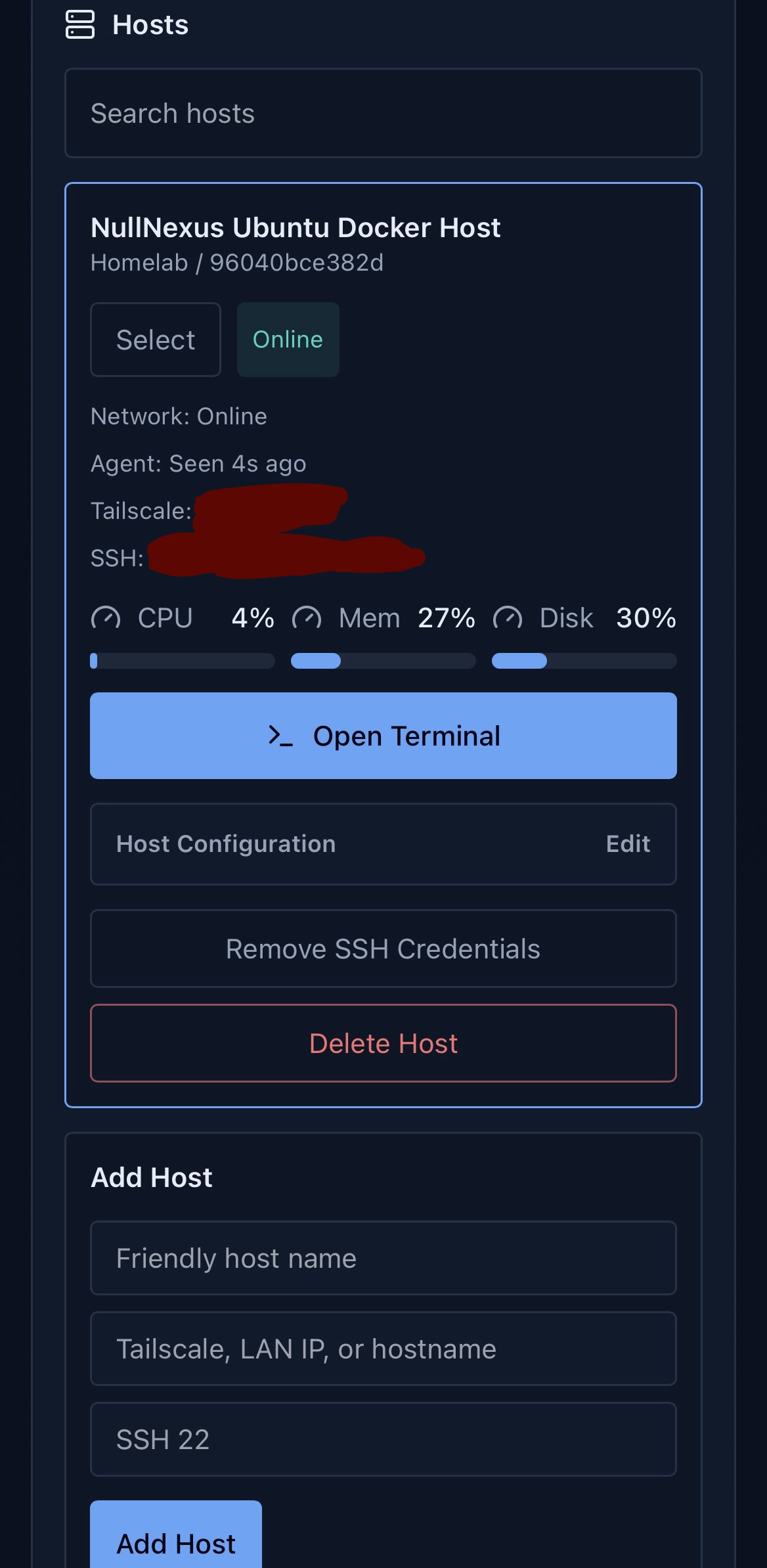 NullNexus hosts management view